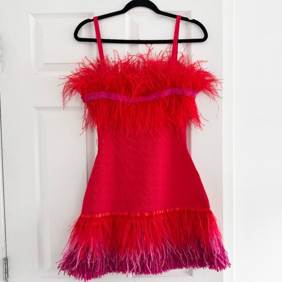STAUD Etta Feather And Raffia-trimmed Crochet-knit Mini Dress In Blood Orange, s - Picture 9 of 12